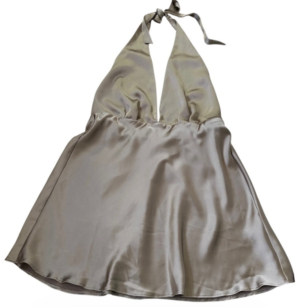 Zara Women XL Champagne Taupe Satin Halter Backless Plunging Mini Dress | 0129